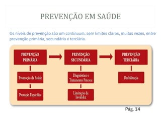 PREVENÇÃ O EM SAÚ DE
Os níveis de prevenção são um continuum, sem limites claros, muitas vezes, entre
prevenção primária, secundária e terciária.
Pág. 14
 