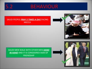 5.2  BEHAVIOUR SAUDI PEOPLE  PRAY 5 TIMES A DAY  FACING MECCA  SAUDI MEN WALK WITH OTHER MEN  HAND IN HAND  AND IT IS CONSIDERED SIGN OF FRIENDSHIP 