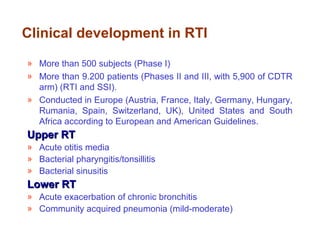 Clinical development in RTI
» More than 500 subjects (Phase I)
» More than 9.200 patients (Phases II and III, with 5,900 of CDTR
arm) (RTI and SSI).
» Conducted in Europe (Austria, France, Italy, Germany, Hungary,
Rumania, Spain, Switzerland, UK), United States and South
Africa according to European and American Guidelines.
Upper RTUpper RT
» Acute otitis media
» Bacterial pharyngitis/tonsillitis
» Bacterial sinusitis
Lower RTLower RT
» Acute exacerbation of chronic bronchitis
» Community acquired pneumonia (mild-moderate)
 