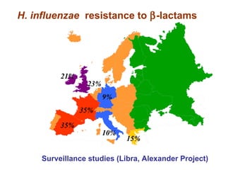 H. influenzae resistance to β-lactams
Surveillance studies (Libra, Alexander Project)
35%
21%
9%
35%
15%
23%
10%
 