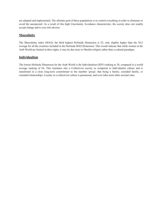 are adopted and implemented. The ultimate goal of these populations is to control everything in order to eliminate or
avoid the unexpected. As a result of this high Uncertainty Avoidance characteristic, the society does not readily
accept change and is very risk adverse.
Masculinity
The Masculinity index (MAS), the third highest Hofstede Dimension is 52, only slightly higher than the 50.2
average for all the countries included in the Hofstede MAS Dimension. This would indicate that while women in the
Arab World are limited in their rights, it may be due more to Muslim religion rather than a cultural paradigm.
Individualism
The lowest Hofstede Dimension for the Arab World is the Individualism (IDV) ranking at 38, compared to a world
average ranking of 64. This translates into a Collectivist society as compared to Individualist culture and is
manifested in a close long-term commitment to the member 'group', that being a family, extended family, or
extended relationships. Loyalty in a collectivist culture is paramount, and over-rides most other societal rules
 