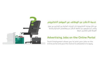 ‫اﻻﻟﻜﺘﺮوﻧﻲ‬ ‫اﻟﻤﻮﻗﻊ‬ ‫ﻋﺒﺮ‬ ‫اﻟﻮﻇﺎﺋﻒ‬ ‫ﻋﻦ‬ ‫اﻻﻋﻼن‬ ‫ﺧﺪﻣﺔ‬
‫ﻋﻤﻞ‬ ‫ﻋﻦ‬ ‫اﻟﺒﺎﺣﺜﻴﻦ‬ ‫ﻣﻦ‬ ‫اﻟﻌﺎﻟﻴﺔ‬ ‫اﻟﺰﻳﺎرات‬ ‫ذات‬ ‫اﻻﻟﻜﺘﺮوﻧﻴﺔ‬ ‫ﺑﻮاﺑﺘﻨﺎ‬ ‫ﺧﻼل‬ ‫ﻣﻦ‬
‫واﺗﺎﺣﺔ‬ ‫اﻟﺸﺎﻏﺮة‬ ‫وﻇﺎﺋﻔﻜﻢ‬ ‫ﻋﻦ‬ ‫اﻹﻋﻼن‬ ‫ﺧﻼﻟﻬﺎ‬ ‫ﻣﻦ‬ ‫ﺗﺴﺘﻄﻴﻌﻮن‬ ‫واﻟﺘﻲ‬
‫ﻋﻠﻴﻬﺎ‬ ‫ﻟﻠﺘﻘﺪﻳﻢ‬ ‫ﻟﻬﻢ‬ ‫اﻟﻔﺮﺻﺔ‬
Advertising Jobs on the Online Portal
Saudi Employment allows you to post your jobs on the
online portal and give the chance to jobseekers to apply
?
 