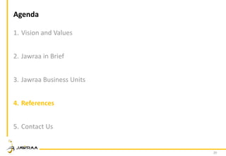 20
Agenda
1. Vision and Values
2. Jawraa in Brief
3. Jawraa Business Units
4. References
5. Contact Us
 