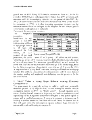 Saudi Real Estate Sector



growth rate of 4.1% during 1975-2004 is estimated to drop to 2.3% in the
period of 2004-2015, it is still expected to be higher than 2.0% growth in Arab
countries and 1.3% in developing countries over the period of 2004-2015. . By
2015, UN estimates Saudi’s total population to reach over 29mn (nearly double
its population in 1990). It is also generating enormous pressures on the
country’s residential market and open up the Kingdom for vast array of growth
opportunities in all segments of real estate.
Favourable Demographic structure
The          Kingdom's       The Kingdom's Population by Age and Nationality
population                                 (In mid-2007)         (in thousand)
breakdown by age Age Category Saudis Non-Saudis                 Total    % of Total
groups in mid-2007 0-14                      6597.1     1295.6    7892.7       32.6
indicates that children 15-39                7647.6     3523.2   11170.8       46.1
of age groups from 0 40-64                  2836.8     1608.4    4504.2        18.6
to 14 years old 65 & above                    609.9       124      674.9        2.8
accounted for 7.89 Total                    3446.7     1732.4   24242.6       100.0
million,     or     32.6
percent of the total Source: Annual Report 2007 SAMA
population, the youth (from 15 to 39 years) 11.17 million or 46.1 percent,
while the age groups of 40 years and over stood at 5.18 million, or 21.4 percent
of the total population. The population pyramid is highly skewed towards the
youth with over 78% of the population below the age of 40. Interestingly, Saudi
has the highest percentage of population below the age of 40 across the GCC.
A large number of young Saudi’s are now entering adulthood and setting up
families. This will have a major impact on the economy, and will boost demand
for modern retailing and residential units indicating superior prospects for the
real estate sector.

2. “10x10” Vision is taking Shape Reforms boosting Economic
Competitiveness
The government is proactively seeking to achieve rapid and sustainable
economic growth. A key objective is to become among the world’s 10 most
competitive nations by 2010 – its “10x10 Vision” – through opening up its
market, inviting inward investment, improving the business environment and
capitalizing on the Kingdom’s competitive strengths as the global capital of
energy with a youthful population. A massive investment in infrastructure &
industry is required to execute this vision which will boost the income level &
thus will again boost the consumption capacity indicates huge potential for
commercial, retail and housing sector growth.


3rd April 2009                                                             Page 5
 