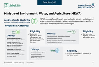 Ministry of Environment, Water, and Agriculture (MEWA)
MEWA ensures Saudi Arabia’s food and water security and advances
environmental sustainability, while fostering innovation in AgriTech,
FoodTech, and environmental technologies.
Handbook | Saudi Startup Ecosystem 16
Programs & Offerings
Enablers | 03
Offerings
Incubator and accelerator for
startups in pre-seed to growth stage
Access to R&D facilities,
laboratories, and pilot opportunities
for product testing
Strategic connection to the
Agriculture Development Fund
(ADF) for non-dilutive financing
and venture capital pathways
Mentorship from agricultural,
environmental, and industry experts
Offerings
Food and Agriculture Technologies Accelerator
FoodTech Incubation Program
Strategic connection with leading organizations from both
the public and private sectors
Offerings
Sahabah Incubation Program
Sahabah Acceleration
Support and resources from
MEWA and its partners
Sustainable
Agriculture, Water
Management and
Desalination, Biotech,
and Waste Value
Startups 
Eligibility
Startups in the
Agritech, Foodtech,
and Biotech sectors
Eligibility
Startups, Entrepreneurs, Innovators in
the Water Sector
Eligibility
 