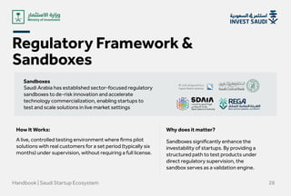 Regulatory Framework &
Sandboxes
Handbook | Saudi Startup Ecosystem 26
Sandboxes
Saudi Arabia has established sector-focused regulatory
sandboxes to de-risk innovation and accelerate
technology commercialization, enabling startups to
test and scale solutions in live market settings

How It Works:
A live, controlled testing environment where firms pilot
solutions with real customers for a set period (typically six
months) under supervision, without requiring a full license.
Why does it matter?
Sandboxes significantly enhance the
investability of startups. By providing a
structured path to test products under
direct regulatory supervision, the
sandbox serves as a validation engine.
 