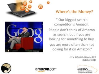 Where’s the Money?
“ Our biggest search
competitor is Amazon.
People don't think of Amazon
as search, but if you are
looking for something to buy,
you are more often than not
looking for it on Amazon.“
- Eric Schmidt, Google CEO
October 2014
 