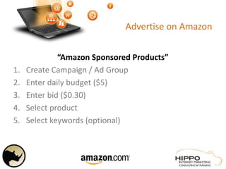 Advertise on Amazon
“Amazon Sponsored Products”
1. Create Campaign / Ad Group
2. Enter daily budget ($5)
3. Enter bid ($0.30)
4. Select product
5. Select keywords (optional)
 