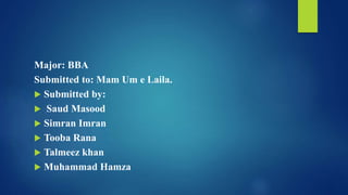 Major: BBA
Submitted to: Mam Um e Laila.
 Submitted by:
 Saud Masood
 Simran Imran
 Tooba Rana
 Talmeez khan
 Muhammad Hamza
 