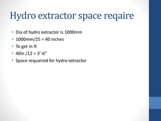 Hydro extractor space reqaire
• Dia of hydro extractor is 1000mm
• 1000mm/25 = 40 inches
• To get in ft
• 40in /12 = 3’-6”
• Space requaired for hydro extractor
 