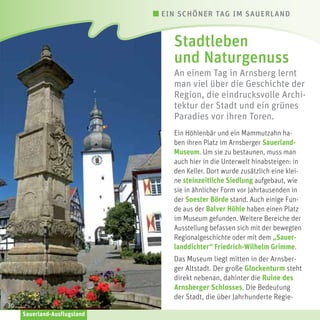 EIN SCHÖNER TAG IM SAUERLAND

Stadtleben
und Naturgenuss
An einem Tag in Arnsberg lernt
man viel über die Geschichte der
Region, die eindrucksvolle Architektur der Stadt und ein grünes
Paradies vor ihren Toren.
Ein Höhlenbär und ein Mammutzahn haben ihren Platz im Arnsberger SauerlandMuseum. Um sie zu bestaunen, muss man
auch hier in die Unterwelt hinabsteigen: in
den Keller. Dort wurde zusätzlich eine kleine steinzeitliche Siedlung aufgebaut, wie
sie in ähnlicher Form vor Jahrtausenden in
der Soester Börde stand. Auch einige Funde aus der Balver Höhle haben einen Platz
im Museum gefunden. Weitere Bereiche der
Ausstellung befassen sich mit der bewegten
Regionalgeschichte oder mit dem „Sauerlanddichter“ Friedrich-Wilhelm Grimme.
Das Museum liegt mitten in der Arnsberger Altstadt. Der große Glockenturm steht
direkt nebenan, dahinter die Ruine des
Arnsberger Schlosses. Die Bedeutung
der Stadt, die über Jahrhunderte Regie36
Sauerland-Ausflugsland

 