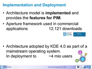 Implementation and Deployment
• Architecture model is implemented and
  provides the features for PIM.
• Aperture framewor...