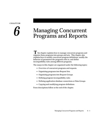 C H A P T E R
6
T
6 – 1Managing Concurrent Programs and Reports
Managing Concurrent
Programs and Reports
his chapter explains how to manage concurrent programs and
organize those programs into groups and sets. This chapter also
explains how to modify concurrent program definitions, modify the
behavior of parameters the programs refer to, and define
incompatibility rules among different programs.
The essays in this chapter are organized under the following topics:
• Overview of concurrent programs and requests
• Organizing programs into Request Sets
• Organizing programs into Request Groups
• Defining program incompatibility rules
• Defining application database connections or Data Groups
• Copying and modifying program definitions
Form descriptions follow at the end of the chapter.
 