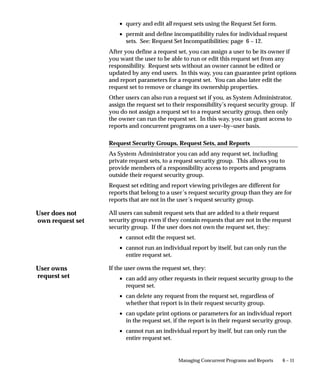 User does not
own request set
User owns
request set
6 – 11Managing Concurrent Programs and Reports
• query and edit all request sets using the Request Set form.
• permit and define incompatibility rules for individual request
sets. See: Request Set Incompatibilities: page 6 – 12.
After you define a request set, you can assign a user to be its owner if
you want the user to be able to run or edit this request set from any
responsibility. Request sets without an owner cannot be edited or
updated by any end users. In this way, you can guarantee print options
and report parameters for a request set. You can also later edit the
request set to remove or change its ownership properties.
Other users can also run a request set if you, as System Administrator,
assign the request set to their responsibility’s request security group. If
you do not assign a request set to a request security group, then only
the owner can run the request set. In this way, you can grant access to
reports and concurrent programs on a user–by–user basis.
Request Security Groups, Request Sets, and Reports
As System Administrator you can add any request set, including
private request sets, to a request security group. This allows you to
provide members of a responsibility access to reports and programs
outside their request security group.
Request set editing and report viewing privileges are different for
reports that belong to a user’s request security group than they are for
reports that are not in the user’s request security group.
All users can submit request sets that are added to a their request
security group even if they contain requests that are not in the request
security group. If the user does not own the request set, they:
• cannot edit the request set.
• cannot run an individual report by itself, but can only run the
entire request set.
If the user owns the request set, they:
• can add any other requests in their request security group to the
request set.
• can delete any request from the request set, regardless of
whether that report is in their request security group.
• can update print options or parameters for an individual report
in the request set, if the report is in their request security group.
• cannot run an individual report by itself, but can only run the
entire request set.
 