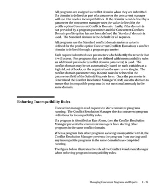6 – 25Managing Concurrent Programs and Reports
All programs are assigned a conflict domain when they are submitted.
If a domain is defined as part of a parameter the concurrent manager
will use it to resolve incompatibilities. If the domain is not defined by a
parameter the concurrent manager uses the value defined for the
profile option Concurrent:Conflicts Domain. Lastly, if the domain is
not provided by a program parameter and the Concurrent:Conflicts
Domain profile option has not been defined the ’Standard’ domain is
used. The Standard domain is the default for all requests.
All programs use the Standard conflict domain unless a value is
defined for the profile option Concurrent:Conflicts Domain or a conflict
domain is defined through a program parameter.
Each request submitted uses parameters which identify the records that
it will access. For programs that are defined with incompatability rules
an additional parameter (conflict domain parameter) is used. The
conflict domain may be set automatically based on such variables as a
login id, set of books, or the organization the user is working in. The
conflict domain parameter may in some cases be selected in the
parameters field of the Submit Requests form. Once the parameter is
determined the Conflict Resolution Manager (CRM) uses the domain to
ensure that incompatible programs do not run simultaneously in the
same domain.
Enforcing Incompatibility Rules
Concurrent managers read requests to start concurrent programs
running. The Conflict Resolution Manager checks concurrent program
definitions for incompatibility rules.
If a program is identified as Run Alone, then the Conflict Resolution
Manager prevents the concurrent managers from starting other
programs in the same conflict domain.
When a program lists other programs as being incompatible with it, the
Conflict Resolution Manager prevents the program from starting until
any incompatible programs in the same domain have completed
running.
The figure below illustrates the role of the Conflict Resolution Manager
when enforcing program incompatibility rules.
 