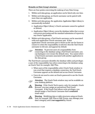 6 – 28 Oracle Applications System Administrator’s Guide
Remarks on Data Group’s structure
There are four points concerning the makeup of any Data Group.
1. Within each data group, an application can be listed only one time.
2. Within each data group, an Oracle username can be paired with
more than one application.
3. Within each data group, the application Application Object Library is
automatically included.
• Application Object Library’s Oracle username cannot be updated
or deleted.
• Application Object Library owns the database tables that oversee
concurrent processing and the standard submission of reports by
any Oracle Application.
4. Within each data group, a Tool Oracle username can be associated
with each application–Oracle username pair. If that
application–Oracle username pair is chosen as the one for forms to
connect to when the responsibility is selected, then the Tool Oracle
username is relevant, and appears by default.
Attention: To prevent users of a responsibility from
connecting to the database using a Tool Oracle username, you
can backspace over (erase) the default entry. You cannot select
a Tool Oracle username associated with another application in
the data group.
The Tool Oracle username identifies the database tables and privileges
a user of the responsibility has when connecting to the database using
an Oracle Tool, for example, SQL*Plus.
• When users of the responsibility select Oracle Tools window to
run a tool that requires a database connection, the Tool Oracle
Username appears as the default tool access Oracle Username.
• Users do not need to enter an Oracle password to use the Oracle
Username.
Attention: The Oracle Tools window may not be available on
your desktop platform.
Warning: If the Oracle Tool is query–only, for example, Oracle
Browser, you may assign an unrestricted Tool Oracle
Username. If the Oracle Tool allows write privileges, you
should assign a Tool Oracle Username that is restricted
(read–only).
Warning: Modifying data or table structures using an Oracle
Tool, for example, SQL*Plus or SQL*Forms, may damage your
data’s integrity and is not supported by Oracle.
 