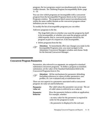 6 – 35Managing Concurrent Programs and Reports
program, the two programs cannot run simultaneously in the same
conflict domain. See: Defining Program Incompatibility Rules: page
6 – 23.
You can view which programs are incompatible with a concurrent
program from the Incompatible Programs block on the Concurrent
Programs window. The programs listed cannot run simultaneously
within the same conflict domain as the concurrent program whose
definition you are viewing.
To modify the list of incompatible programs you can either:
Add new programs to the list.
The Scope field refers to whether you want the program by itself
to be incompatible, or whether you want the program and all
child requests, that is, concurrent programs started by the
program as part of a request set, to be incompatible.
• Delete programs from the list.
Attention: To immediately effect any changes you make in the
Incompatible Programs zone, you must navigate to the
Administer Concurrent Managers window and choose Verify
for the Internal Concurrent Manager.
Concurrent Program Parameters
Parameters, also referred to as arguments, are assigned to standard
submission concurrent programs. To define a program as standard
submission, set the value of the Standard Submission field in the
Concurrent Programs form to Yes.
Attention: All the mechanisms for parameter defaulting
(including references to values of other parameters, user
profiles, etc.) are evaluated only at submission time.
There are two aspects to a parameter associated with a concurrent
program: its value set and its behavior.
The valid values the parameter can accept. The set
of valid values is referred to as a value set.
How the parameter behaves within an application.
For example, whether:
– an entry value for the parameter is required in
order for the program to work
– the parameter is displayed to the end user
Parameter
value set
Parameter
behavior
 