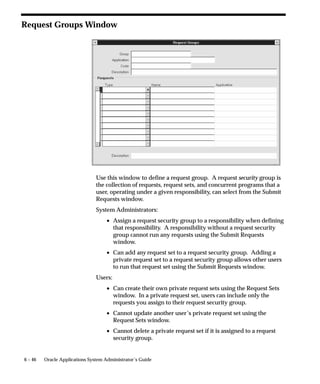 6 – 46 Oracle Applications System Administrator’s Guide
Request Groups Window
Use this window to define a request group. A request security group is
the collection of requests, request sets, and concurrent programs that a
user, operating under a given responsibility, can select from the Submit
Requests window.
System Administrators:
• Assign a request security group to a responsibility when defining
that responsibility. A responsibility without a request security
group cannot run any requests using the Submit Requests
window.
• Can add any request set to a request security group. Adding a
private request set to a request security group allows other users
to run that request set using the Submit Requests window.
Users:
• Can create their own private request sets using the Request Sets
window. In a private request set, users can include only the
requests you assign to their request security group.
• Cannot update another user’s private request set using the
Request Sets window.
• Cannot delete a private request set if it is assigned to a request
security group.
 