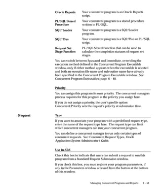 Request
6 – 53Managing Concurrent Programs and Reports
Your concurrent program is an Oracle Reports
script.
Your concurrent program is a stored procedure
written in PL/SQL.
Your concurrent program is a SQL*Loader
program.
Your concurrent program is a SQL*Plus or PL/SQL
script.
PL/SQL Stored Function that can be uesd to
calculate the completion statuses of request set
stages.
You can switch between Spawned and Immediate, overriding the
execution method defined in the Concurrent Program Executable
window, only if either method appears when the executable is selected
and both an execution file name and subroutine name have already
been specified in the Concurrent Program Executable window. See:
Concurrent Program Executables: page 6 – 48.
Priority
You can assign this program its own priority. The concurrent managers
process requests for this program at the priority you assign here.
If you do not assign a priority, the user’s profile option
Concurrent:Priority sets the request’s priority at submission time.
Type
If you want to associate your program with a predefined request type,
enter the name of the request type here. The request type can limit
which concurrent managers can run your concurrent program.
You can define a concurrent manager to run only certain types of
concurrent requests. See: Concurrent Request Types, Oracle
Applications System Administrator’s Guide.
Use in SRS
Check this box to indicate that users can submit a request to run this
program from a Standard Request Submission window.
If you check this box, you must register your program parameters, if
any, in the Parameters window accessed from the button at the bottom
of this window.
Oracle Reports
PL/SQL Stored
Procedure
SQL*Loader
SQL*Plus
Request Set
Stage Function
 