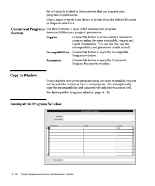 Concurrent Programs
Buttons
6 – 56 Oracle Applications System Administrator’s Guide
list of values is limited to those printers that can support your
program’s requirements.
Users cannot override your choice of printer from the Submit Requests
or Requests windows.
Use these buttons to open detail windows for program
incompatibilities your program parameters.
Choose this button to create another concurrent
program using the same executable, request and
report information. You can elect to copy the
incompatibility and parameter details as well.
Choose this button to open the Incompatible
Programs window.
Choose this button to open the Concurrent
Program Parameters window.
Copy to Window
Create another concurrent program using the same executable, request
and report information as the current program. You can optionally
copy the incompatibility and parameter details information as well.
See: Incompatible Programs Window: page 6 – 56
Incompatible Programs Window
Copy to...
Incompatibilities
Parameters
 