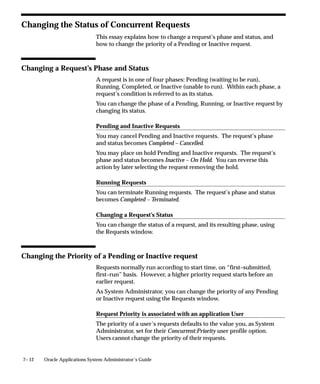 7– 12 Oracle Applications System Administrator’s Guide
Changing the Status of Concurrent Requests
This essay explains how to change a request’s phase and status, and
how to change the priority of a Pending or Inactive request.
Changing a Request’s Phase and Status
A request is in one of four phases: Pending (waiting to be run),
Running, Completed, or Inactive (unable to run). Within each phase, a
request’s condition is referred to as its status.
You can change the phase of a Pending, Running, or Inactive request by
changing its status.
Pending and Inactive Requests
You may cancel Pending and Inactive requests. The request’s phase
and status becomes Completed – Cancelled.
You may place on hold Pending and Inactive requests. The request’s
phase and status becomes Inactive – On Hold. You can reverse this
action by later selecting the request removing the hold.
Running Requests
You can terminate Running requests. The request’s phase and status
becomes Completed – Terminated.
Changing a Request’s Status
You can change the status of a request, and its resulting phase, using
the Requests window.
Changing the Priority of a Pending or Inactive request
Requests normally run according to start time, on “first–submitted,
first–run” basis. However, a higher priority request starts before an
earlier request.
As System Administrator, you can change the priority of any Pending
or Inactive request using the Requests window.
Request Priority is associated with an application User
The priority of a user’s requests defaults to the value you, as System
Administrator, set for their Concurrent:Priority user profile option.
Users cannot change the priority of their requests.
 
