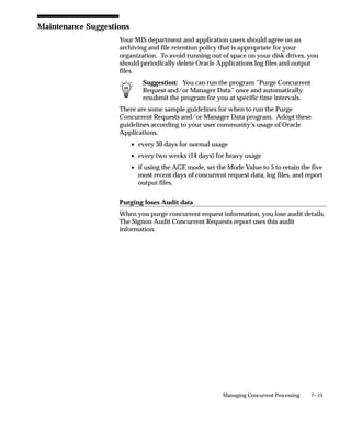 7– 15Managing Concurrent Processing
Maintenance Suggestions
Your MIS department and application users should agree on an
archiving and file retention policy that is appropriate for your
organization. To avoid running out of space on your disk drives, you
should periodically delete Oracle Applications log files and output
files.
Suggestion: You can run the program ”Purge Concurrent
Request and/or Manager Data” once and automatically
resubmit the program for you at specific time intervals.
There are some sample guidelines for when to run the Purge
Concurrent Requests and/or Manager Data program. Adopt these
guidelines according to your user community’s usage of Oracle
Applications.
• every 30 days for normal usage
• every two weeks (14 days) for heavy usage
• if using the AGE mode, set the Mode Value to 5 to retain the five
most recent days of concurrent request data, log files, and report
output files.
Purging loses Audit data
When you purge concurrent request information, you lose audit details.
The Signon Audit Concurrent Requests report uses this audit
information.
 