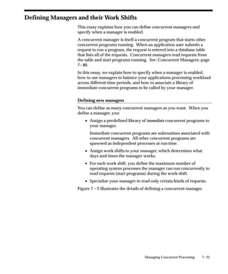 7– 23Managing Concurrent Processing
Defining Managers and their Work Shifts
This essay explains how you can define concurrent managers and
specify when a manager is enabled.
A concurrent manager is itself a concurrent program that starts other
concurrent programs running. When an application user submits a
request to run a program, the request is entered into a database table
that lists all of the requests. Concurrent managers read requests from
the table and start programs running. See: Concurrent Managers: page
7– 80.
In this essay, we explain how to specify when a manager is enabled,
how to use managers to balance your applications processing workload
across different time periods, and how to associate a library of
immediate concurrent programs to be called by your manager.
Defining new managers
You can define as many concurrent managers as you want. When you
define a manager, you:
• Assign a predefined library of immediate concurrent programs to
your manager.
Immediate concurrent programs are subroutines associated with
concurrent managers. All other concurrent programs are
spawned as independent processes at run time.
• Assign work shifts to your manager, which determines what
days and times the manager works.
• For each work shift, you define the maximum number of
operating system processes the manager can run concurrently to
read requests (start programs) during the work shift.
• Specialize your manager to read only certain kinds of requests.
Figure 7 – 2 illustrates the details of defining a concurrent manager.
 