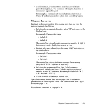 7– 35Managing Concurrent Processing
• a combined rule, which combines more than one action to
generate a single rule. The combined rule applies its actions to
one or more types of request.
For example, a combined rule can exclude an action from an
Oracle ID and exclude another action from a specific program.
Using more than one rule
Each rule performs one action. When using more than one rule, the
rules are evaluated as follows:
• Include rules are evaluated together using ’OR’ statements as the
binding logic.
For example, If you use the rules:
– Include X
– Include Y
The result of the rules allows the manager to run either X ’OR’ Y
but does not require that both programs be run.
• Exclude rules are evaluated together using ’AND’ statements as
the binding logic.
For example, If you use the rules:
– Exclude 1
– Exclude 2.
The result of the rules prohibits the manager from running
programs 1 ’AND’ 2 together or separately.
• Include rules are evaluated first, then Exclude rules are
evaluated. Include rule(s) and Exclude rule(s) are evaluated
together as an AND statement. For example, (Include X OR Y)
AND (Exclude 1 AND 2).
• An Exclude rule overrides an Include rule.
Specialization rule actions, their binding logic, and examples are
presented in the following two tables. See: Specialization Rule Logic –
Examples: page 7– 36.
Examples are presented in on page 7– 36.
 