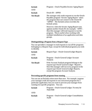 7– 41Managing Concurrent Processing
Program – Oracle Payables Invoice Aging Report
AND
Oracle ID – APPS2
The manager only reads requests to run the Oracle
Payables program “Invoice Aging Report” when
the program does not connect to the Oracle ID
“APPS2”. The Exclude action overrides the
Include action.
However, when the Invoice Aging Report runs
against another Oracle ID, for example, “APPS”,
then this manager will read requests to run the
program. This is useful when working with
multiple installations of an application and data
groups.
Distinguishing a Program from a Request Type
You can specialize a manager to read requests to run all the programs
belonging to a Request Type, except for individual programs you wish
to identify.
Request Type – Oracle General Ledger Reports
AND
Program – Oracle General Ledger Account
Analysis
If the Account Analysis program belongs to the
request type Oracle General Ledger “Reports”,
then this manager will run every program in the
request type Oracle General Ledger Reports,
except the program Account Analysis.
Preventing specific programs from running
You can use an Exclude action more than once. For example, suppose
your manager reads all requests to run concurrent programs for a
particular application, but you want to prevent your manager from
running two specific programs. You can:
Program – Oracle General Ledger, No entry for
Name field.
AND
Program – Oracle General Ledger Consolidation
Audit
Include
Exclude
Net Result
Include
Exclude
Net Result
Include
Exclude
 