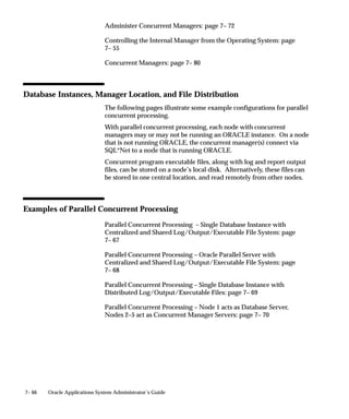 7– 66 Oracle Applications System Administrator’s Guide
Administer Concurrent Managers: page 7– 72
Controlling the Internal Manager from the Operating System: page
7– 55
Concurrent Managers: page 7– 80
Database Instances, Manager Location, and File Distribution
The following pages illustrate some example configurations for parallel
concurrent processing.
With parallel concurrent processing, each node with concurrent
managers may or may not be running an ORACLE instance. On a node
that is not running ORACLE, the concurrent manager(s) connect via
SQL*Net to a node that is running ORACLE.
Concurrent program executable files, along with log and report output
files, can be stored on a node’s local disk. Alternatively, these files can
be stored in one central location, and read remotely from other nodes.
Examples of Parallel Concurrent Processing
Parallel Concurrent Processing – Single Database Instance with
Centralized and Shared Log/Output/Executable File System: page
7– 67
Parallel Concurrent Processing – Oracle Parallel Server with
Centralized and Shared Log/Output/Executable File System: page
7– 68
Parallel Concurrent Processing – Single Database Instance with
Distributed Log/Output/Executable Files: page 7– 69
Parallel Concurrent Processing – Node 1 acts as Database Server,
Nodes 2–5 act as Concurrent Manager Servers: page 7– 70
 
