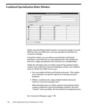 7– 88 Oracle Applications System Administrator’s Guide
Combined Specialization Rules Window
Define rules identifying which requests a concurrent manager can read.
With the rules you define here, you may specialize the function of a
concurrent manager.
Using this window, you can define several Include and Exclude
statements, each referred to as a specialization line, and combine the
lines into a single specialization rule referred to as a Combined Rule.
Unlike the individual rules you define using the Specialization Rules
window from within the Concurrent Managers window, the combined
rules you define here differ in two ways:
• You can combine Include and Exclude statements. This enables
you to identify very specific requests for running concurrent
programs.
• Within a combined rule, using multiple Include statements
restricts a concurrent manager more.
With individual rules you define using the Specialization Rules
window (within the Concurrent Managers window), the more
”Include” rules you define, the less restricted a manager becomes.
See: Concurrent Managers: page 7– 80
 