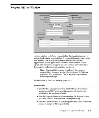 2 – 9Managing Oracle Applications Security
Responsibilities Window
Use this window to define a responsibility. Each application user is
assigned at least one responsibility. A responsibility determines if the
user accesses Oracle Applications or Oracle Self–Service Web
Applications, which applications functions a user can use, which
reports and concurrent programs the user can run, and which data
those reports and concurrent programs can access.
Note: Responsibilities cannot be deleted. To remove a
responsibility from use, set the Effective Date’s To field to a
past date. You must restart Oracle Applications to see the
effect of your change.
See: Overview of Function Security: page 2 – 22
Prerequisites
• Use the Data Groups window to list the ORACLE username
your responsibility’s concurrent programs reference on an
application–by–application basis.
• Use the Request Groups window to define the Request Group
you wish to make available with this responsibility.
• Use the Menus window to view the predefined Menu you could
choose to assign to this responsibility.
 