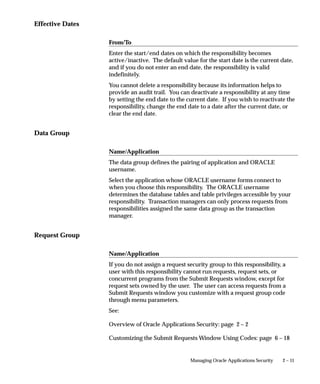 2 – 11Managing Oracle Applications Security
Effective Dates
From/To
Enter the start/end dates on which the responsibility becomes
active/inactive. The default value for the start date is the current date,
and if you do not enter an end date, the responsibility is valid
indefinitely.
You cannot delete a responsibility because its information helps to
provide an audit trail. You can deactivate a responsibility at any time
by setting the end date to the current date. If you wish to reactivate the
responsibility, change the end date to a date after the current date, or
clear the end date.
Data Group
Name/Application
The data group defines the pairing of application and ORACLE
username.
Select the application whose ORACLE username forms connect to
when you choose this responsibility. The ORACLE username
determines the database tables and table privileges accessible by your
responsibility. Transaction managers can only process requests from
responsibilities assigned the same data group as the transaction
manager.
Request Group
Name/Application
If you do not assign a request security group to this responsibility, a
user with this responsibility cannot run requests, request sets, or
concurrent programs from the Submit Requests window, except for
request sets owned by the user. The user can access requests from a
Submit Requests window you customize with a request group code
through menu parameters.
See:
Overview of Oracle Applications Security: page 2 – 2
Customizing the Submit Requests Window Using Codes: page 6 – 18
 