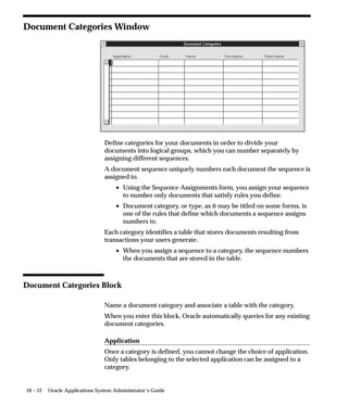10 – 12 Oracle Applications System Administrator’s Guide
Document Categories Window
Define categories for your documents in order to divide your
documents into logical groups, which you can number separately by
assigning different sequences.
A document sequence uniquely numbers each document the sequence is
assigned to.
• Using the Sequence Assignments form, you assign your sequence
to number only documents that satisfy rules you define.
• Document category, or type, as it may be titled on some forms, is
one of the rules that define which documents a sequence assigns
numbers to.
Each category identifies a table that stores documents resulting from
transactions your users generate.
• When you assign a sequence to a category, the sequence numbers
the documents that are stored in the table.
Document Categories Block
Name a document category and associate a table with the category.
When you enter this block, Oracle automatically queries for any existing
document categories.
Application
Once a category is defined, you cannot change the choice of application.
Only tables belonging to the selected application can be assigned to a
category.
 