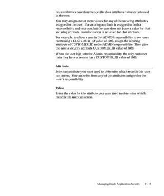 2 – 17Managing Oracle Applications Security
responsibilities based on the specific data (attribute values) contained
in the row.
You may assign one or more values for any of the securing attributes
assigned to the user. If a securing attribute is assigned to both a
responsibility and to a user, but the user does not have a value for that
securing attribute, no information is returned for that attribute.
For example, to allow a user in the ADMIN responsibility to see rows
containing a CUSTOMER_ID value of 1000, assign the securing
attribute of CUSTOMER_ID to the ADMIN responsibility. Then give
the user a security attribute CUSTOMER_ID value of 1000.
When the user logs into the Admin responsibility, the only customer
data they have access to has a CUSTOMER_ID value of 1000.
Attribute
Select an attribute you want used to determine which records this user
can access. You can select from any of the attributes assigned to the
user’s responsibility.
Value
Enter the value for the attribute you want used to determine which
records this user can access.
 
