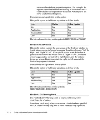 A – 16 Oracle Applications System Administrator’s Guide
same number of characters as the segment. For example, if a
segment in the flexfield holds values up to 5 characters and a
valid value for the segment is 4 characters, AutoSkip will not
move you to the next segment.
Users can see and update this profile option.
This profile option is visible and updatable at all four levels.
Level Visible Allow Update
Site Yes Yes
Application Yes Yes
Responsibility Yes Yes
User Yes Yes
The internal name for this profile option is FLEXFIELDS:AUTOSKIP.
Flexfields:BiDi Direction
This profile option controls the appearance of the flexfields window in
Applications running in Semitic languages. Possible values are ”Left To
Right” and ”Right To Left”. If the profile option is not defined on a
particular installation, the default value is ”Right To Left”, where the
window appears in a normal, left to right fashion, and the text and
layout are reversed to accommodate the right–to–left nature of the
Semitic language environment.
Users can see and update this profile option.
This profile option is visible and updatable at all four levels.
Level Visible Allow Update
Site Yes Yes
Application Yes Yes
Responsibility Yes Yes
User Yes Yes
The internal name for this profile option is
FLEXFIELDS:BIDI_DIRECTION.
Flexfields:LOV Warning Limit
Use Flexfields:LOV Warning Limit to improve efficiency when
retrieving a list of values.
Sometimes, particularly when no reduction criteria has been specified,
an LOV can take a very long time to run if there is a very significant
 