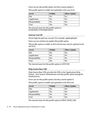 A – 20 Oracle Applications System Administrator’s Guide
Users can see this profile option, but they cannot update it.
This profile option is visible and updatable at the user level.
Level Visible Allow Update
Site No No
Application No No
Responsibility No No
User Yes Yes
The internal name for this profile option is
FLEXVIEW:CUSTOMIZATION.
Gateway User ID
Oracle login for gateway account. For example, applsyspub/pub.
Users can see and but not update this profile option.
This profile option is visible at all levels but may only be updated at the
site level.
Level Visible Allow Update
Site Yes Yes
Application Yes No
Responsibility Yes No
User Yes No
The internal name for this profile option is GWYUID.
Help System Base URL
Help System Base URL provides the URL to the Applications Help
System. Your System Administrator sets this profile option during the
install process.
Users can see this profile option, but they cannot update it.
This profile option is visible and updatable at the all levels.
Level Visible Allow Update
Site Yes Yes
Application Yes Yes
Responsibility Yes Yes
User Yes Yes
The internal name for this profile option is HELP_BASE_URL.
 