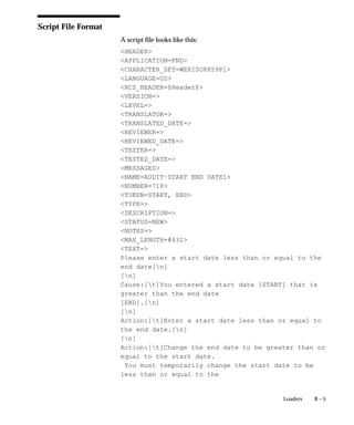 B – 5Loaders
Script File Format
A script file looks like this:
HEADER
APPLICATION=FND
CHARACTER_SET=WE8ISO8859P1
LANGUAGE=US
RCS_HEADER=$Header$
VERSION=
LEVEL=
TRANSLATOR=
TRANSLATED_DATE=
REVIEWER=
REVIEWED_DATE=
TESTER=
TESTED_DATE=
MESSAGES
NAME=AUDIT–START END DATE1
NUMBER=718
TOKEN=START, END
TYPE=
DESCRIPTION=
STATUS=NEW
NOTES=
MAX_LENGTH=#432
TEXT=
Please enter a start date less than or equal to the
end date[n]
[n]
Cause:[t]You entered a start date [START] that is
greater than the end date
[END].[n]
[n]
Action:[t]Enter a start date less than or equal to
the end date.[n]
[n]
Action:[t]Change the end date to be greater than or
equal to the start date.
You must temporarily change the start date to be
less than or equal to the
 