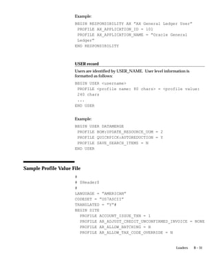 B – 31Loaders
Example:
BEGIN RESPONSIBILITY AX ”AX General Ledger User”
PROFILE AX_APPLICATION_ID = 101
PROFILE AX_APPLICATION_NAME = ”Oracle General
Ledger”
END RESPONSIBILITY
USER record
Users are identified by USER_NAME. User level information is
formatted as follows:
BEGIN USER username
PROFILE profile name: 80 chars = profile value:
240 chars
...
END USER
Example:
BEGIN USER DATAMERGE
PROFILE BOM:UPDATE_RESOURCE_UOM = 2
PROFILE QUICKPICK:AUTOREDUCTION = Y
PROFILE SAVE_SEARCH_ITEMS = N
END USER
Sample Profile Value File
#
# $Header$
#
LANGUAGE = ”AMERICAN”
CODESET = ”US7ASCII”
TRANSLATED = ”Y”#
BEGIN SITE
PROFILE ACCOUNT_ISSUE_TXN = 1
PROFILE AR_ADJUST_CREDIT_UNCONFIRMED_INVOICE = NONE
PROFILE AR_ALLOW_BATCHING = B
PROFILE AR_ALLOW_TAX_CODE_OVERRIDE = N
 