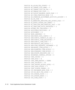 B – 32 Oracle Applications System Administrator’s Guide
PROFILE AR_ALLOW_TAX_UPDATE = Y
PROFILE AR_CHANGE_CUST_NAME = Y
PROFILE AR_CHANGE_CUST_ON_TRX = Y
PROFILE AR_CMERGE_SET_SIZE = 1
PROFILE AR_GLPOST_BALANCE_CHECK_FLAG = Y
PROFILE AR_ITEM_FLEXFIELD_MODE = M
PROFILE AR_OVERRIDE_ADJUSTMENT_ACTIVITY_ACCOUNT = Y
PROFILE AR_PA_CODE = 1
PROFILE AS_MANAGING_EMPLOYEE_HAS_ACCESS_FLAG = Y
PROFILE AS_NOTES_UPDATE_DAY_RANGE = 1
PROFILE AS_TERR_MIN_NUM_PARALLEL_PROC = 100
PROFILE AS_TERR_NUM_CHILD_PROCESSES = 5
PROFILE ATCHMT_SET_INDICATOR = Y
PROFILE AUDITTRAIL:ACTIVATE = N
PROFILE AUTOCOMMIT = N
PROFILE BASE_LANGUAGE = 0
PROFILE BOM:CHECK_DUPL_CONFIG = 2
PROFILE BOM:CONFIG_INHERIT_OP_SEQ = 2
PROFILE BOM:CONFIG_ITEM_DELIMITER = *
PROFILE BOM:CONFIG_ITEM_TYPE = I
PROFILE BOM:DEFAULT_BOM_LEVELS = 1
PROFILE BOM:ITEM_SEQUENCE_INCREMENT = 10
PROFILE BOM:MODEL_ITEM_ACCESS = 1
PROFILE BOM:PLANNING_ITEM_ACCESS = 1
PROFILE BOM:STANDARD_ITEM_ACCESS = 1
PROFILE BOM:UPDATE_RESOURCE_UOM = 2
PROFILE BUDGETARY_CONTROL_OPTION = 0
PROFILE CONC_COPIES = 0
PROFILE CONC_HOLD = N
PROFILE CONC_PMON_METHOD = RDBMS
PROFILE CONC_PRIORITY = 50
PROFILE CONC_REPORT_ACCESS_LEVEL = U
PROFILE CONC_SAVE_OUTPUT = Y
PROFILE CONC_SINGLE_THREAD = N
PROFILE CST_EXCHANGE_RATE_TYPE = 2
PROFILE CST_RU_WAIT_FOR_LOCKS = 2
PROFILE CST_UPDATE_COSTS = 1
PROFILE CST_UPDATE_DEBUG = 1
PROFILE CST_VIEW_COSTS = 1
 