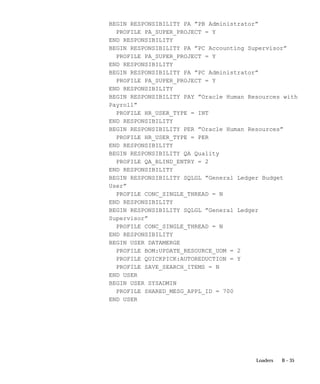 B – 35Loaders
BEGIN RESPONSIBILITY PA ”PB Administrator”
PROFILE PA_SUPER_PROJECT = Y
END RESPONSIBILITY
BEGIN RESPONSIBILITY PA ”PC Accounting Supervisor”
PROFILE PA_SUPER_PROJECT = Y
END RESPONSIBILITY
BEGIN RESPONSIBILITY PA ”PC Administrator”
PROFILE PA_SUPER_PROJECT = Y
END RESPONSIBILITY
BEGIN RESPONSIBILITY PAY ”Oracle Human Resources with
Payroll”
PROFILE HR_USER_TYPE = INT
END RESPONSIBILITY
BEGIN RESPONSIBILITY PER ”Oracle Human Resources”
PROFILE HR_USER_TYPE = PER
END RESPONSIBILITY
BEGIN RESPONSIBILITY QA Quality
PROFILE QA_BLIND_ENTRY = 2
END RESPONSIBILITY
BEGIN RESPONSIBILITY SQLGL ”General Ledger Budget
User”
PROFILE CONC_SINGLE_THREAD = N
END RESPONSIBILITY
BEGIN RESPONSIBILITY SQLGL ”General Ledger
Supervisor”
PROFILE CONC_SINGLE_THREAD = N
END RESPONSIBILITY
BEGIN USER DATAMERGE
PROFILE BOM:UPDATE_RESOURCE_UOM = 2
PROFILE QUICKPICK:AUTOREDUCTION = Y
PROFILE SAVE_SEARCH_ITEMS = N
END USER
BEGIN USER SYSADMIN
PROFILE SHARED_MESG_APPL_ID = 700
END USER
 