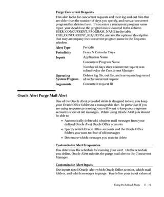 C – 15Using Predefined Alerts
Purge Concurrent Requests
This alert looks for concurrent requests and their log and out files that
are older than the number of days you specify, and runs a concurrent
program that deletes them. If you enter a concurrent program name
input, you should use the program name (located in the column
USER_CONCURRENT_PROGRAM_NAME in the table
FND_CONCURRENT_REQUESTS), and not the optional description
that may accompany the concurrent program name in the Requests
window.
Periodic
Every N Calendar Days
Application Name
Concurrent Program Name
Number of days since concurrent request was
submitted to the Concurrent Manager
Deletes log file, out file, and corresponding record
of each concurrent request
Concurrent request ID
Oracle Alert Purge Mail Alert
One of the Oracle Alert precoded alerts is designed to help you keep
your Oracle Office folders to a manageable size. In particular, if you
are using response processing, you will want to keep your response
account(s) clear of old messages. While using Oracle Alert you should
be able to:
• Automatically delete old, obsolete mail messages from your
defined Oracle Alert Oracle Office accounts
• Specify which Oracle Office accounts and the Oracle Office
folders you want to clear of old messages
• Determine which messages you want to delete
Customizable Alert Frequencies
You determine the schedule for running your alert. On the schedule
you define, Oracle Alert submits the purge mail alert to the Concurrent
Manager.
Customizable Alert Inputs
Use inputs to tell Oracle Alert which Oracle Office account, which mail
folders, and which messages to purge. You define your input values at
Alert Type
Periodicity
Inputs
Operating
System Program
Arguments
 