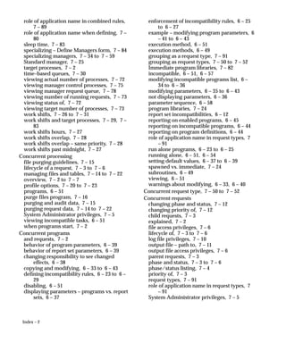Index – 2
role of application name in combined rules,
7 – 89
role of application name when defining, 7 –
80
sleep time, 7 – 83
specializing – Define Managers form, 7 – 84
specializing managers, 7 – 34 to 7 – 59
Standard manager, 7 – 25
target processes, 7 – 2
time–based queues, 7 – 30
viewing actual number of processes, 7 – 72
viewing manager control processes, 7 – 75
viewing manager request queue, 7 – 78
viewing number of running requests, 7 – 73
viewing status of, 7 – 72
viewing target number of processes, 7 – 73
work shifts, 7 – 26 to 7 – 31
work shifts and target processes, 7 – 29, 7 –
83
work shifts hours, 7 – 27
work shifts overlap, 7 – 28
work shifts overlap – same priority, 7 – 28
work shifts past midnight, 7 – 27
Concurrent processing
file purging guidelines, 7 – 15
lifecycle of a request, 7 – 3 to 7 – 6
managing files and tables, 7 – 14 to 7 – 22
overview, 7 – 2 to 7 – 7
profile options, 7 – 20 to 7 – 23
programs, 6 – 51
purge files program, 7 – 16
purging and audit data, 7 – 15
purging request data, 7 – 14 to 7 – 22
System Administrator privileges, 7 – 5
viewing incompatible tasks, 6 – 51
when programs start, 7 – 2
Concurrent programs
and requests, 7 – 2
behavior of program parameters, 6 – 39
behavior of report set parameters, 6 – 39
changing responsibility to see changed
effects, 6 – 38
copying and modifying, 6 – 33 to 6 – 43
defining incompatibility rules, 6 – 23 to 6 –
29
disabling, 6 – 51
displaying parameters – programs vs. report
sets, 6 – 37
enforcement of incompatibility rules, 6 – 25
to 6 – 27
example – modifying program parameters, 6
– 41 to 6 – 43
execution method, 6 – 51
execution methods, 6 – 49
grouping as a request type, 7 – 91
grouping as request types, 7 – 50 to 7 – 52
Immediate program libraries, 7 – 82
incompatible, 6 – 51, 6 – 57
modifying incompatible programs list, 6 –
34 to 6 – 36
modifying parameters, 6 – 35 to 6 – 43
not displaying parameters, 6 – 36
parameter sequence, 6 – 58
program libraries, 7 – 24
report set incompatibilities, 6 – 12
reporting on enabled programs, 6 – 45
reporting on incompatible programs, 6 – 44
reporting on program definitions, 6 – 44
role of application name in request types, 7
– 91
run alone programs, 6 – 23 to 6 – 25
running alone, 6 – 51, 6 – 54
setting default values, 6 – 37 to 6 – 39
spawned vs. immediate, 7 – 24
subroutines, 6 – 49
viewing, 6 – 51
warnings about modifying, 6 – 33, 6 – 40
Concurrent request type, 7 – 50 to 7 – 52
Concurrent requests
changing phase and status, 7 – 12
changing priority of, 7 – 12
child requests, 7 – 3
explained, 7 – 2
file access privileges, 7 – 6
lifecycle of, 7 – 3 to 7 – 6
log file privileges, 7 – 10
output file – path to, 7 – 11
output file access privileges, 7 – 6
parent requests, 7 – 3
phase and status, 7 – 3 to 7 – 6
phase/status listing, 7 – 4
priority of, 7 – 3
request types, 7 – 91
role of application name in request types, 7
– 91
System Administrator privileges, 7 – 5
 