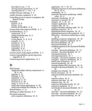 Index – 3
time taken to run, 7 – 31
viewing request parameters, 6 – 37
viewing status of, 7 – 5 to 7 – 8
Conflict Domain, defining, 9 – 9
conflict domains, explained, 6 – 24
Controlling access to reports or programs. See
Report Groups
CUSTOM
EVENT, 11 –9
STYLE, 11 –8
ZOOM_AVAILABLE, 11 –8
Custom help, help targets in HTML, 4 – 5
CUSTOM library, 11 –2
architecture, 11 –2
coding standards and, 11 –3
disabling, 11 –6
events passed, 11 –4, 11 –9
example, 11 –11
location of, 11 –2
procedures, 11 –8
restrictions, 11 –3
upgrading, 11 –6
when to use, 11 –2, 11 –5
Custom reports, help targets in HTML, 4 – 5
Custom responsibilities, preserving across
upgrades, B – 8
Customizing Oracle Applications, 11 –1
D
Data Groups
Application Object Library requirement, 6 –
28, 6 – 64
copying, 6 – 31
defining, 6 – 63
explained, 6 – 27
purposes of, 6 – 27
structure of, 6 – 28
using, 6 – 27 to 6 – 33
using with custom applications, 6 – 29
using with multiple Set of Books, 6 – 29
Default folders, 9 – 15
Defining a Conflict Domain, 9 – 9
Document sequences
active sequence definitions, 10 – 8
application, 10 – 7, 10 – 15
assigning sequences to document definitions,
10 – 6, 10 – 8
auditability, 10 – 2
automatic document numbering – initial
value, 10 – 4
automatic numbering, 10 – 10
automatic vs manual, 10 – 8
category, 10 – 7, 10 – 15
category application, 10 – 12
category code, 10 – 13
category identifies database table, 10 – 12
defining a sequence, 10 – 3
defining document categories, 10 – 12
defining documents to be numbered, 10 – 7
differences – document numbering vs. entry,
10 – 8
disabling a sequence assignment, 10 – 16
document categories explained, 10 – 6
document definition, 10 – 14
Document Flexfield, 10 – 7
enabling segments in the document flexfield,
10 – 16
end date – document definition, 10 – 15
end date – document flexfield, 10 – 15
entering documents, 10 – 1
entering transactions, 10 – 1
examples – document categories, 10 – 6
examples – sequence definitions, 10 – 4
initial value of sequence, 10 – 11
manual numbering, 10 – 10
message displayed by document, 10 – 11
method in document flexfield, 10 – 7, 10 –
16
multiple sets of books, 10 – 11
Oracle usernames, 10 – 11
segments and the document flexfield, 10 –
16
sequence names, 10 – 9
sequence start date, 10 – 10
sequence type, 10 – 10
sequences and audit records, 10 – 10
sequences explained, 10 – 2
set of books in document flexfield, 10 – 7,
10 – 16
start date – document definition, 10 – 15
start date – document flexfield, 10 – 15
type of document numbering, 10 – 10
 
