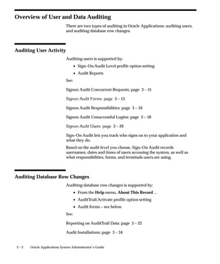 3 – 2 Oracle Applications System Administrator’s Guide
Overview of User and Data Auditing
There are two types of auditing in Oracle Applications: auditing users,
and auditing database row changes.
Auditing User Activity
Auditing users is supported by:
• Sign–On:Audit Level profile option setting
• Audit Reports
See:
Signon Audit Concurrent Requests: page 3 – 11
Signon Audit Forms: page 3 – 13
Signon Audit Responsibilities: page 3 – 16
Signon Audit Unsuccessful Logins: page 3 – 18
Signon Audit Users: page 3 – 20
Sign–On Audit lets you track who signs on to your application and
what they do.
Based on the audit level you choose, Sign–On Audit records
usernames, dates and times of users accessing the system, as well as
what responsibilities, forms, and terminals users are using.
Auditing Database Row Changes
Auditing database row changes is supported by:
• From the Help menu, About This Record ...
• AuditTrail:Activate profile option setting
• Audit forms – see below.
See:
Reporting on AuditTrail Data: page 3 – 22
Audit Installations: page 3 – 34
 