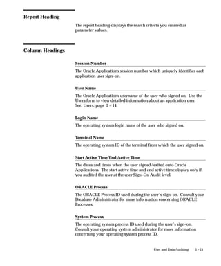 3 – 21User and Data Auditing
Report Heading
The report heading displays the search criteria you entered as
parameter values.
Column Headings
Session Number
The Oracle Applications session number which uniquely identifies each
application user sign–on.
User Name
The Oracle Applications username of the user who signed on. Use the
Users form to view detailed information about an application user.
See: Users: page 2 – 14.
Login Name
The operating system login name of the user who signed on.
Terminal Name
The operating system ID of the terminal from which the user signed on.
Start Active Time/End Active Time
The dates and times when the user signed/exited onto Oracle
Applications. The start active time and end active time display only if
you audited the user at the user Sign–On Audit level.
ORACLE Process
The ORACLE Process ID used during the user’s sign–on. Consult your
Database Administrator for more information concerning ORACLE
Processes.
System Process
The operating system process ID used during the user’s sign–on.
Consult your operating system administrator for more information
concerning your operating system process ID.
 