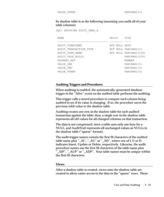 3 – 25User and Data Auditing
VALUE_THREE VARCHAR2(5)
Its shadow table is as the following (assuming you audit all of your
table columns):
SQL DESCRIBE AUDIT_DEMO_A
NAME NULL? TYPE
––––––––––––––––––––––––––––––– –––––––– ––––
AUDIT_TIMESTAMP NOT NULL DATE
AUDIT_TRANSACTION_TYPE NOT NULL VARCHAR2(1)
AUDIT_USER_NAME NOT NULL VARCHAR2(100)
AUDIT_TRUE_NULLS VARCHAR2(250)
PRIMARY_KEY NUMBER
VALUE_ONE VARCHAR2(5)
VALUE_TWO VARCHAR2(5)
VALUE_THREE VARCHAR2(5)
Auditing Triggers and Procedures
When auditing is enabled, the automatically–generated database
trigger in the ”After” event on the audited table performs the auditing.
This trigger calls a stored procedure to compare each column being
audited to see if its value is changing. If so, the procedure saves the
previous (old) value to the shadow table.
Auditing creates one row in the shadow table for each audited
transaction against the table; thus, a single row in the shadow table
represents all old values for all changed columns on that transaction.
The data is not compressed, since a table uses only one byte for a
NULL, and AuditTrail represents all unchanged values as NULLs in
the shadow table (”sparse” format).
The audit trigger names contain the first 26 characters of the audited
table name plus ”_AI”, ”_AU” or ”_AD”, where one of I, U or D
indicates Insert, Update or Delete, respectively. Likewise, the audit
procedure names use the first 26 characters of the table name plus
”_AIP”, ”_AUP” or ”_ADP”. Your table names must be unique within
the first 26 characters.
Views
After a shadow table is created, views onto the shadow table are
created to allow easier access to the data in the ”sparse” rows. These
 