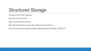Structured Storage
Windows Azure SQL Database
Dynamic schema on/off
Apps partitioned by schema
REST API generated per table (very data centric platform)
Access your data through the portal, SQL Management studio or REST API
 