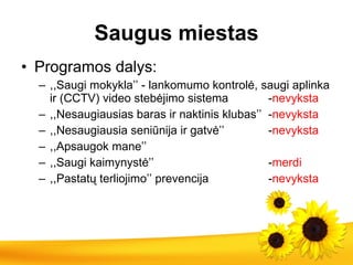 S augus miestas Programos dalys: ,,Saugi mokykla’’  -  lankomumo kontrolė, saugi aplinka ir (CCTV) video stebėjimo sistema - nevyksta ,,Nesaugiausias baras ir naktinis klubas’’ - nevyksta ,,Nesaugiausia seniūnija ir gatvė’’ - nevyksta ,,Apsaugok mane’’ ,,Saugi kaimynystė’’ - merdi ,,Pastatų terliojimo’’ prevencija - nevyksta 