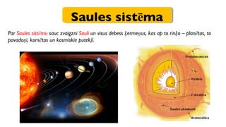 Saules sistēma Par  Saules sistēmu  sauc zvaigzni  Sauli  un visus debess ķermeņus, kas ap to rinķo – planētas, to pavadoņi, komētas un kosmiskie putekļi. 